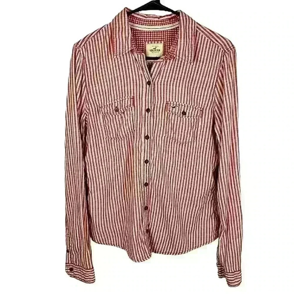 Hollister Button Up Top Pink White Pin Stripped Long Sleeve 100% Cotton Large - Picture 1 of 9